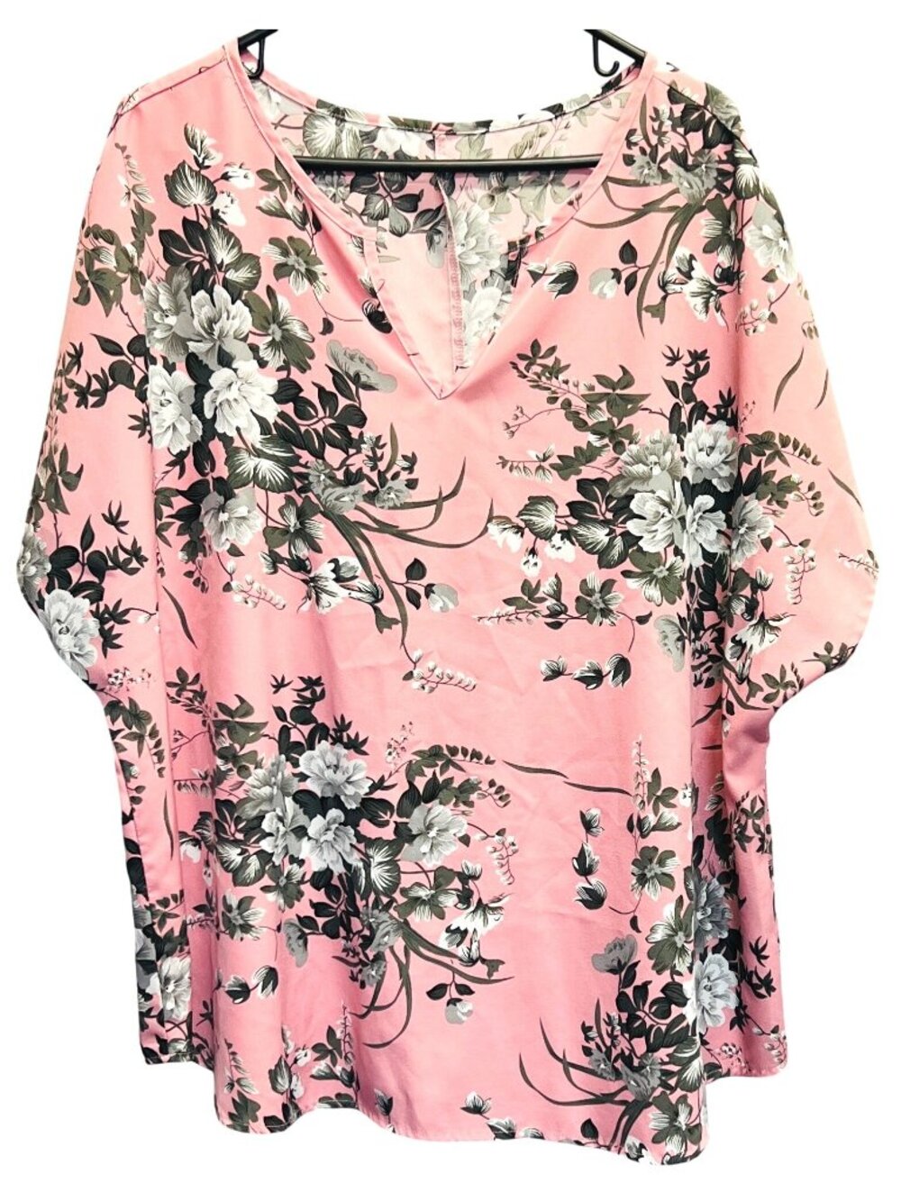 Floral Print Pink Blouse With V-Neckline & Loose Short Sleeves